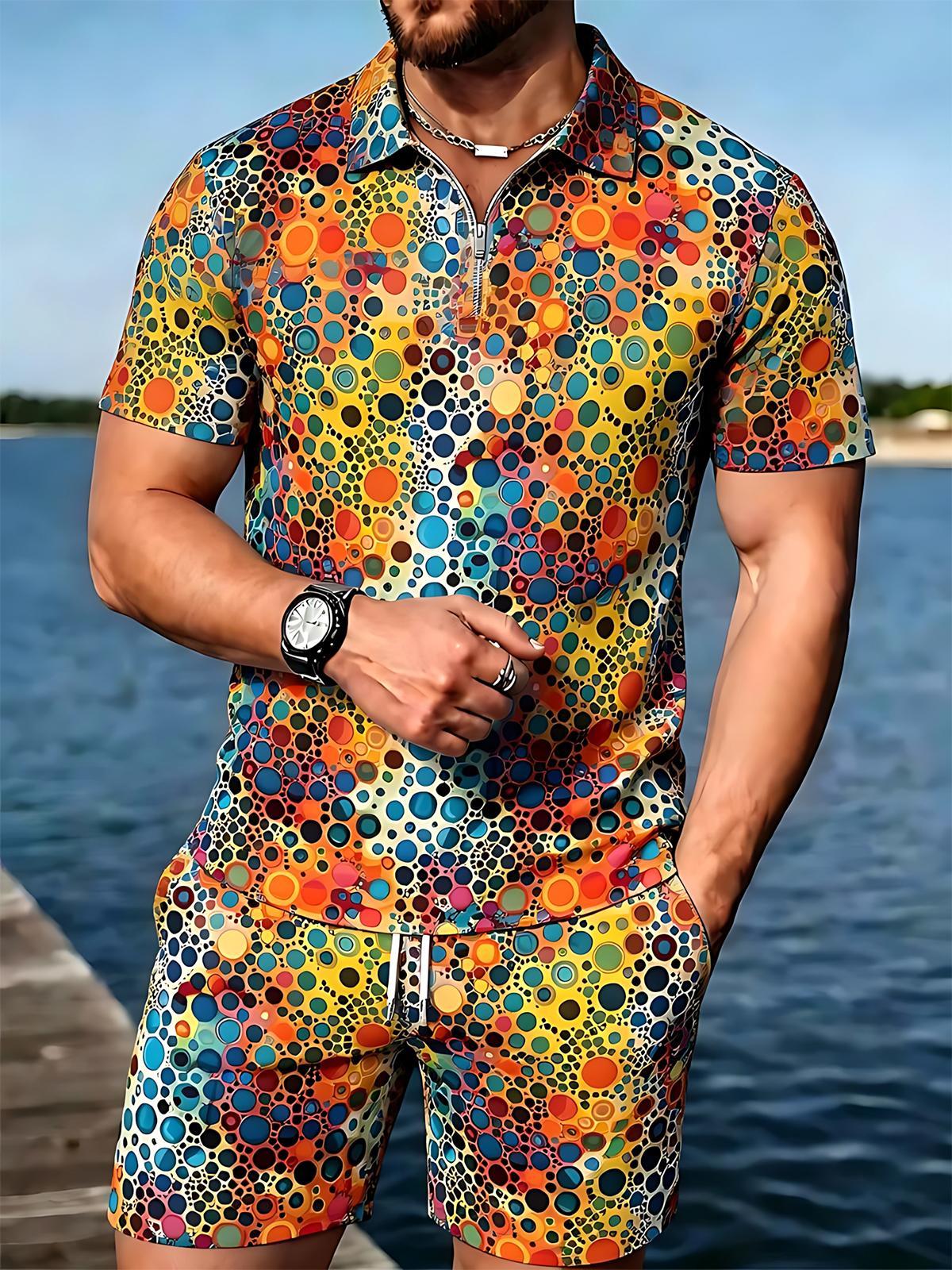 Geometry Men's Short Sleeve Zipper Polo And Shorts Set