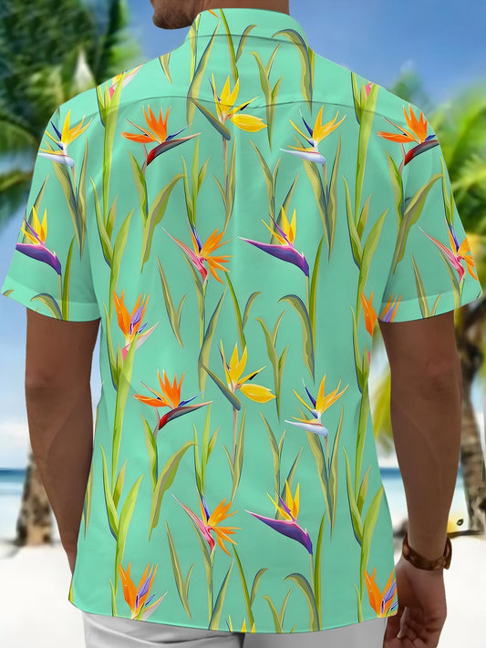 Hawaiian Tropical Bird Of Paradise Flower Men's Pocket Short Sleeve Shirts