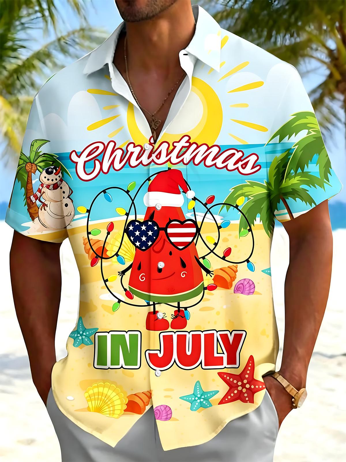 July Christmas Hawaiian American Flag Funny Print Men's Pocket Short Sleeve Shirts