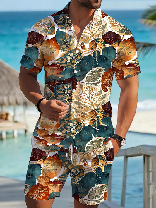 Hawaiian Leaf Men's Short Sleeve Pocket Shirts And Shorts Set