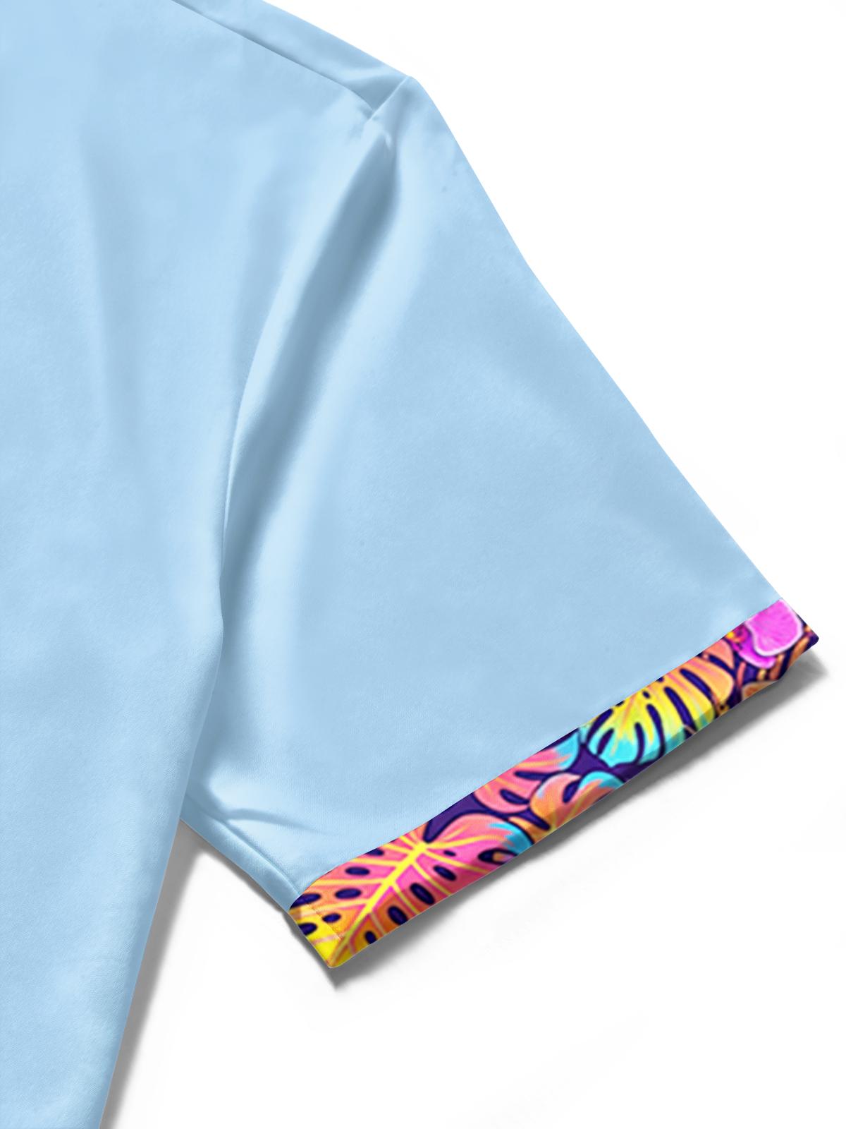 Hawaiian Light Blue Tropical Floral Leaves Trim Men's Pocket Short Sleeve Shirts