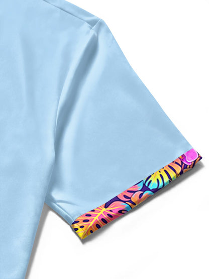 Hawaiian Light Blue Tropical Floral Leaves Trim Men's Pocket Short Sleeve Shirts