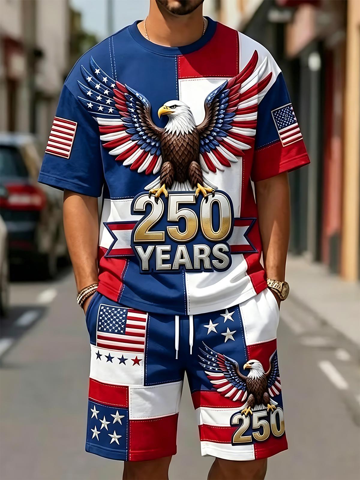 American Flag Bald Eagle USA 250th Commemorative Independence Day Men's Short Sleeve Round Neck T-shirt And Shorts Set