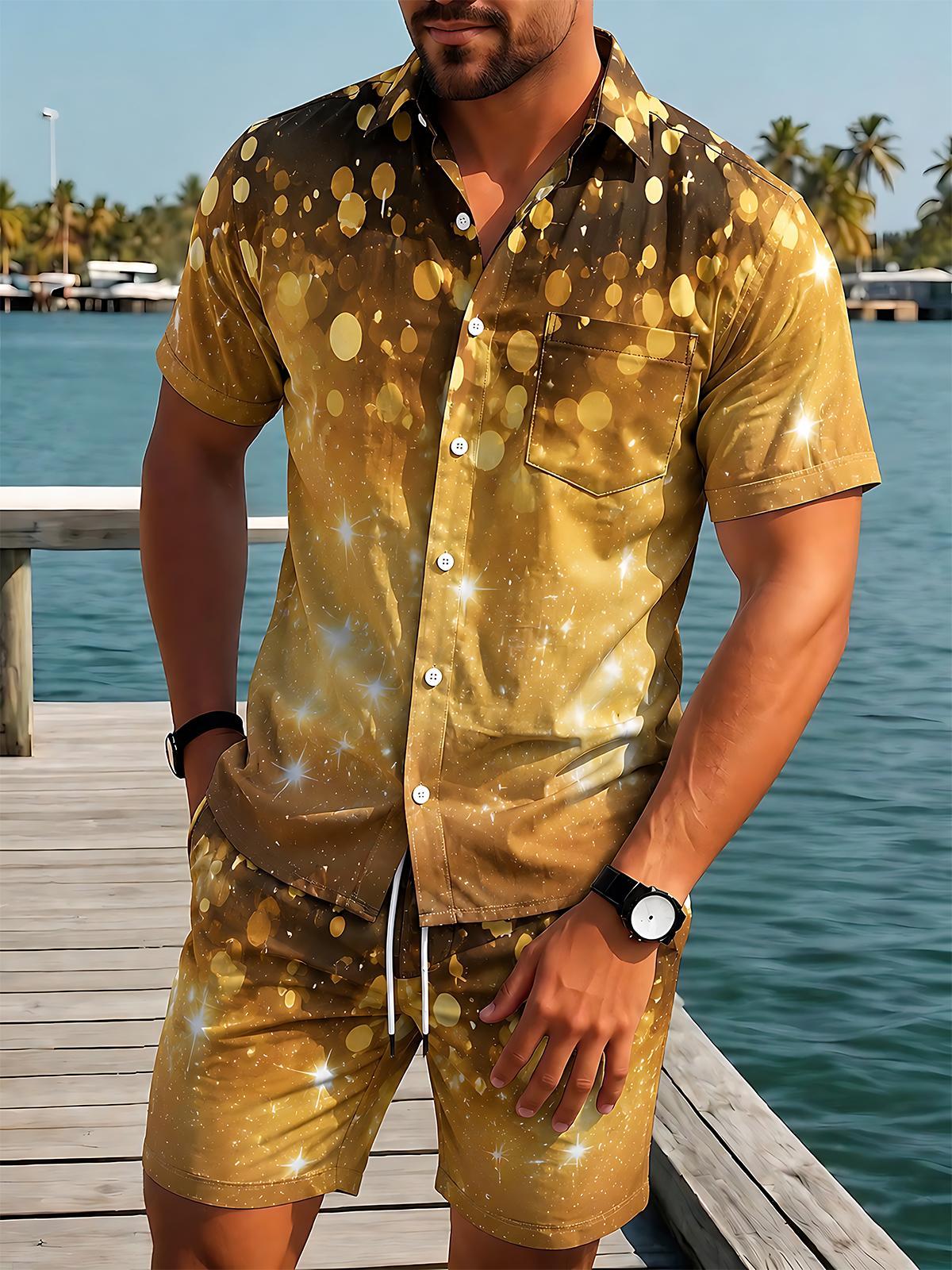 Abstract Golden Starlight Polka Dot Men's Short Sleeve Pocket Shirts And Shorts Set