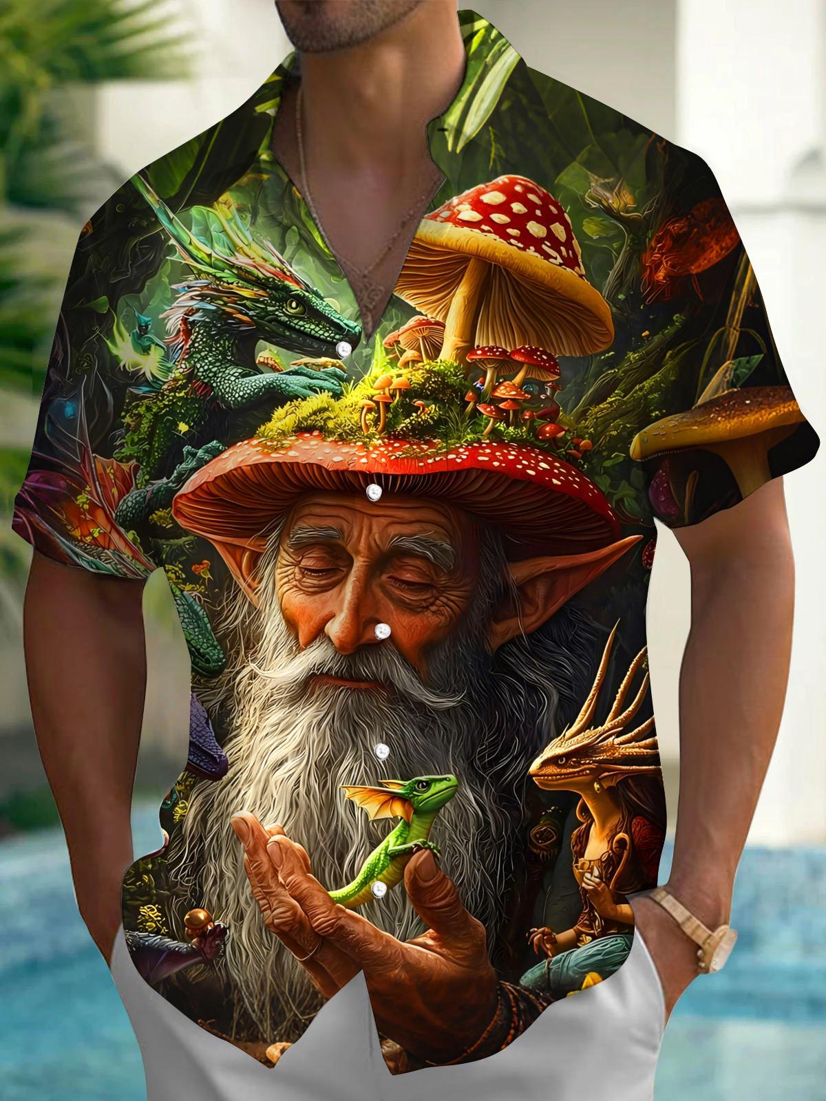 Art Vintage Forest Elf Old Man Mushroom Men's Pocket Short Sleeve Shirts