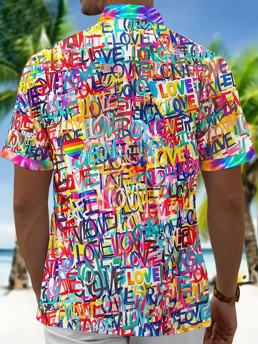 Colorful Tie Dye Love Graffiti Pride Month Men's Pocket Short Sleeve Shirts