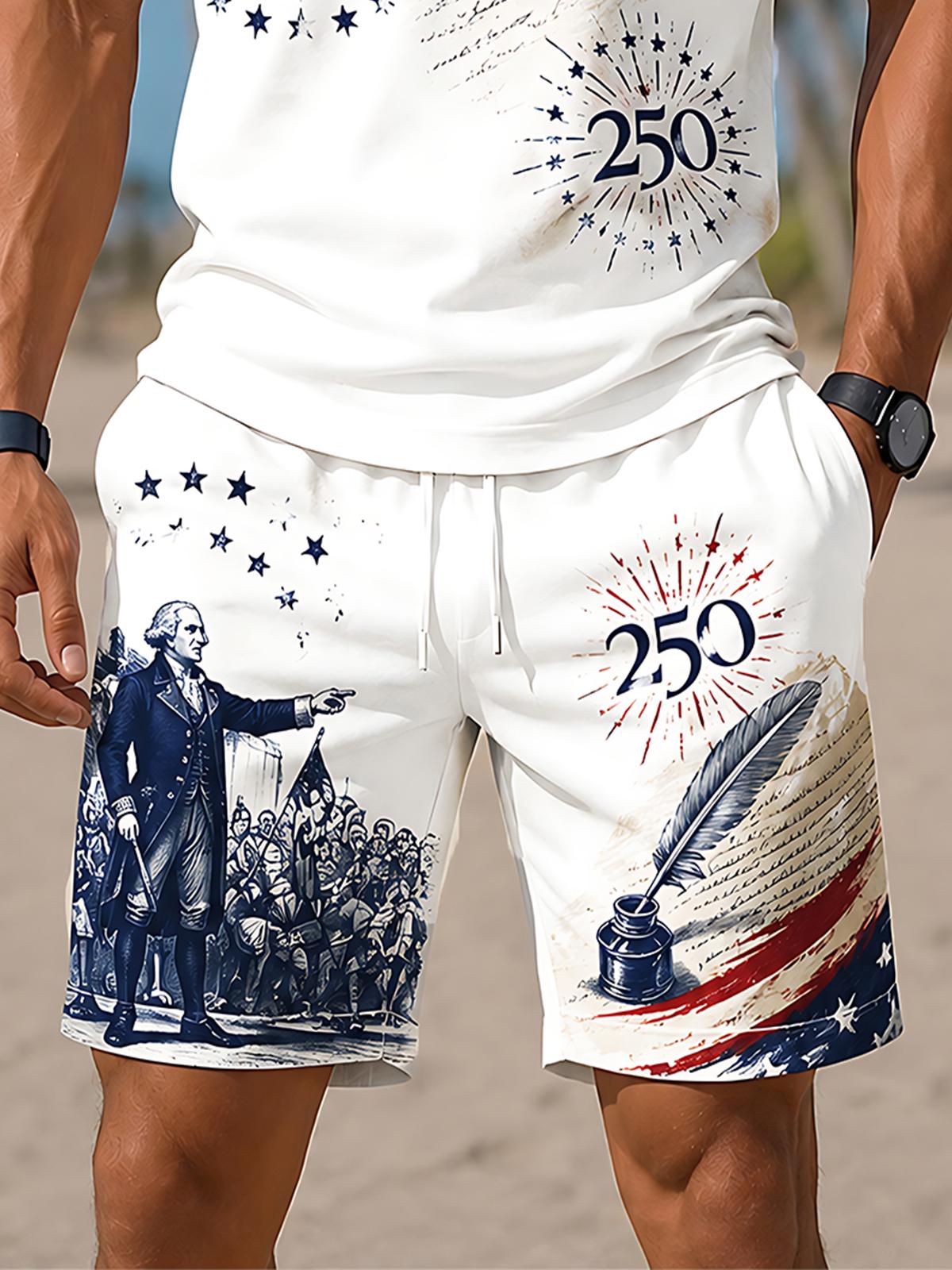 USA 250th Anniversary Independence Day Founding Father Washington Independence Declaration Men's Print Pocket Shorts