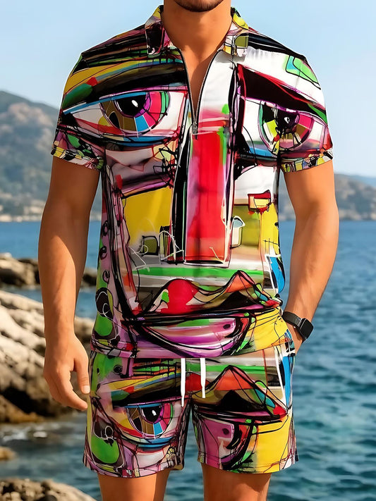 Art Colorful Abstract Face Graffiti Men's Short Sleeve Zipper Polo And Shorts Set