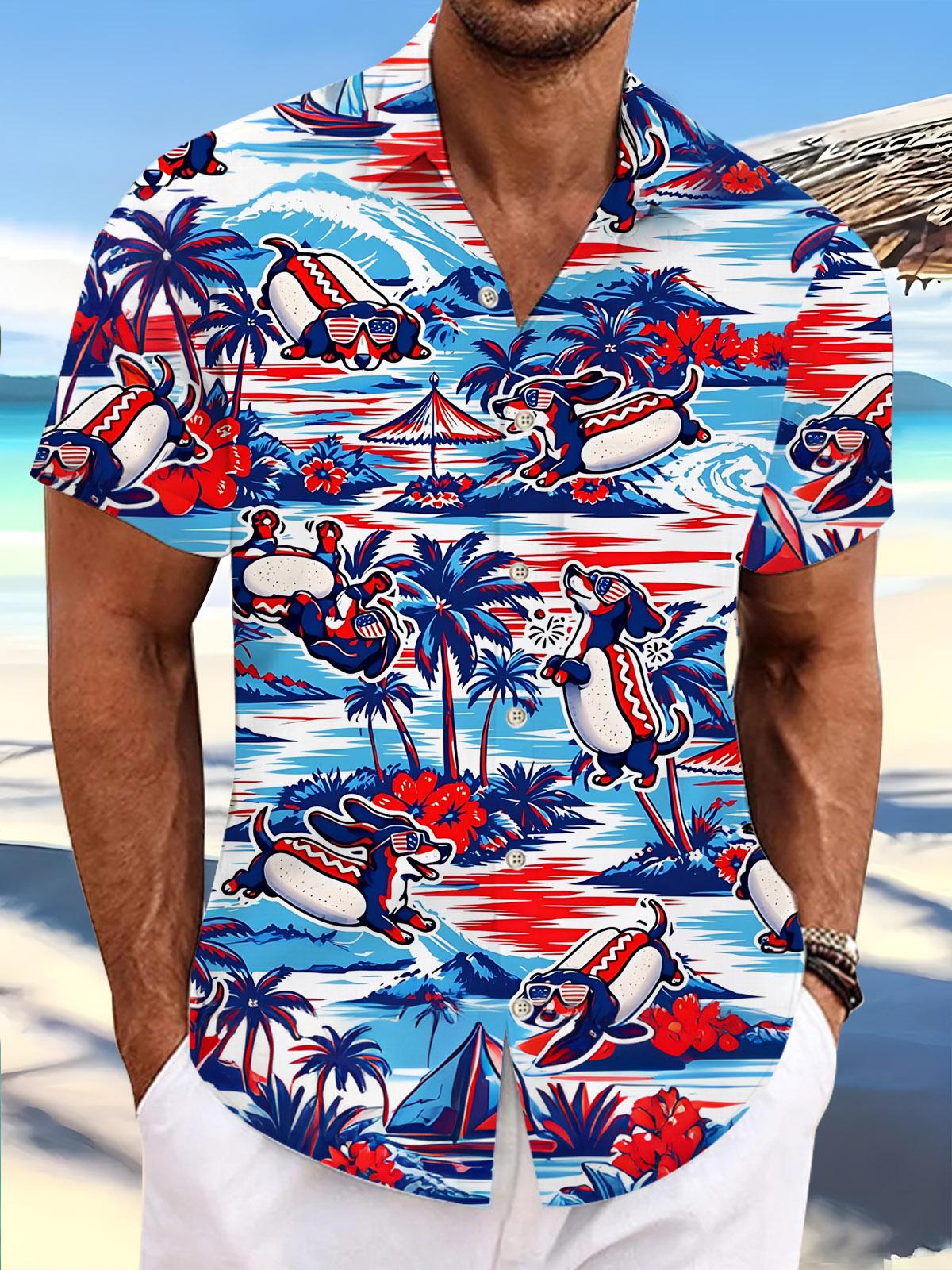 Independence Day American Flag Dachshund Hot Dog Funny Hawaiian Print Men's Pocket Short Sleeve Shirts
