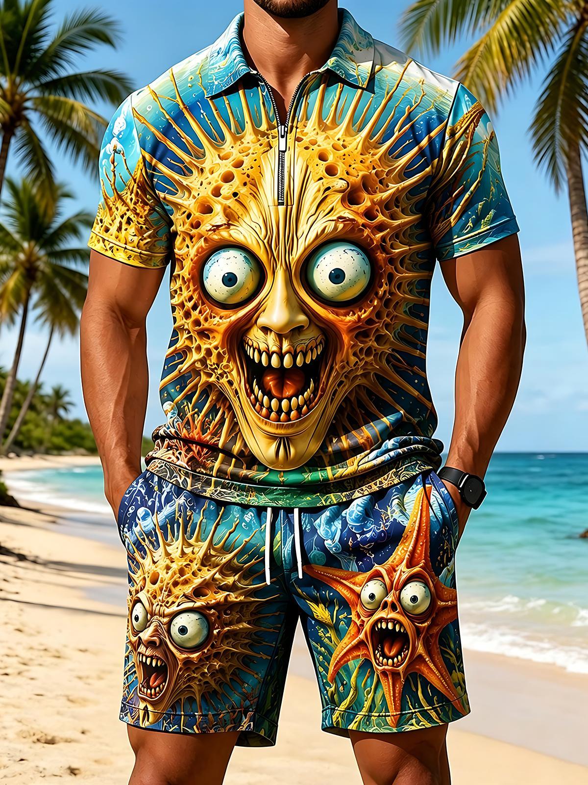 Fun Deep Sea Monsters Men's Short Sleeve Zipper Polo And Shorts Set