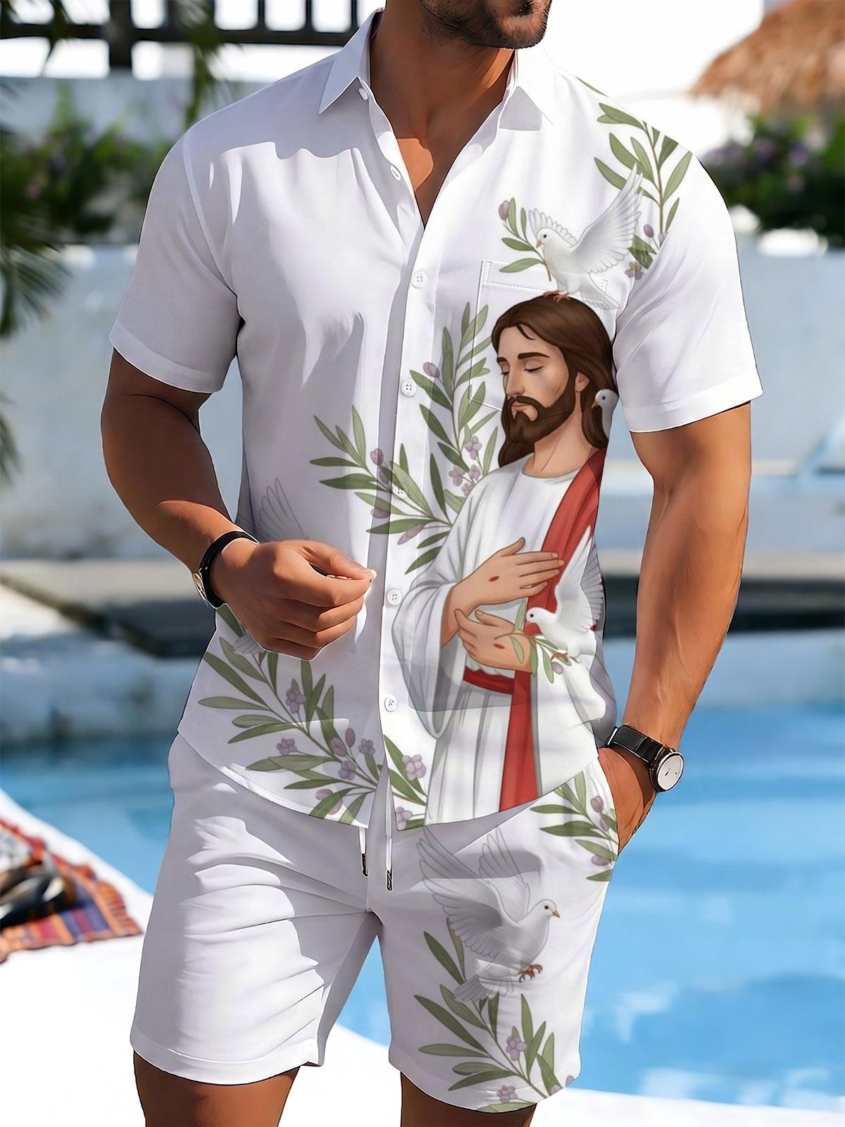 Jesus Print Men's Short Sleeve Pocket Shirts And Shorts Set
