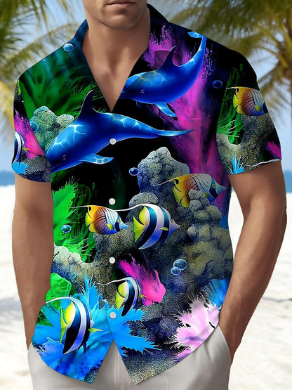Marine Life Print Men's Pocket Short Sleeve Shirts