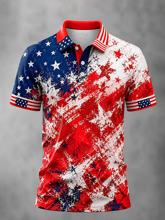 Independence Day American Flag Print Men's Short Sleeve Button Polo Shirt