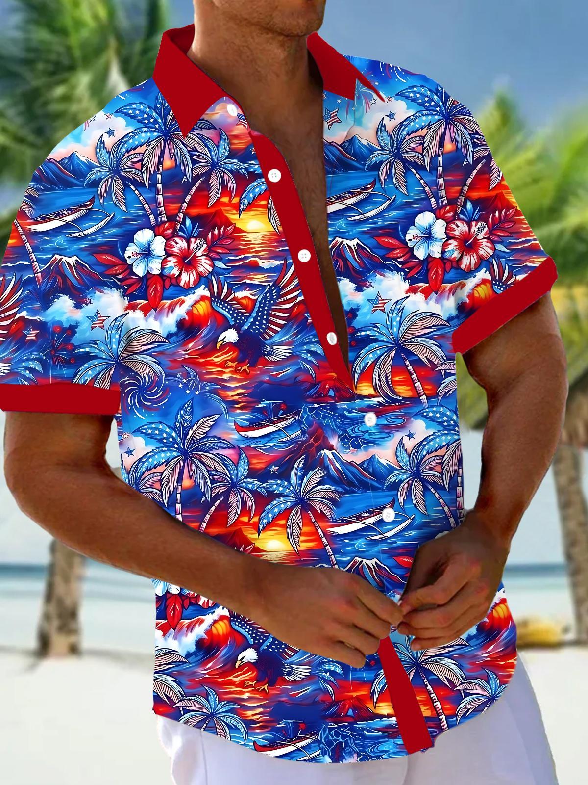 Independence Coconut Tree Eagle Men's Pocket Short Sleeve Shirts