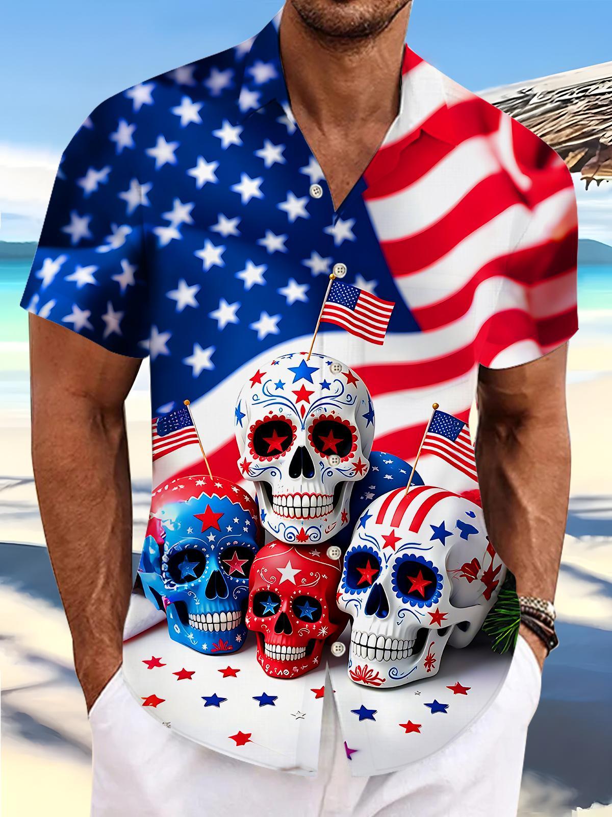 American Flag Sugar Skull Independence Day Men's Pocket Short Sleeve Shirts