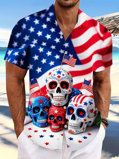 American Flag Sugar Skull Independence Day Men's Pocket Short Sleeve Shirts