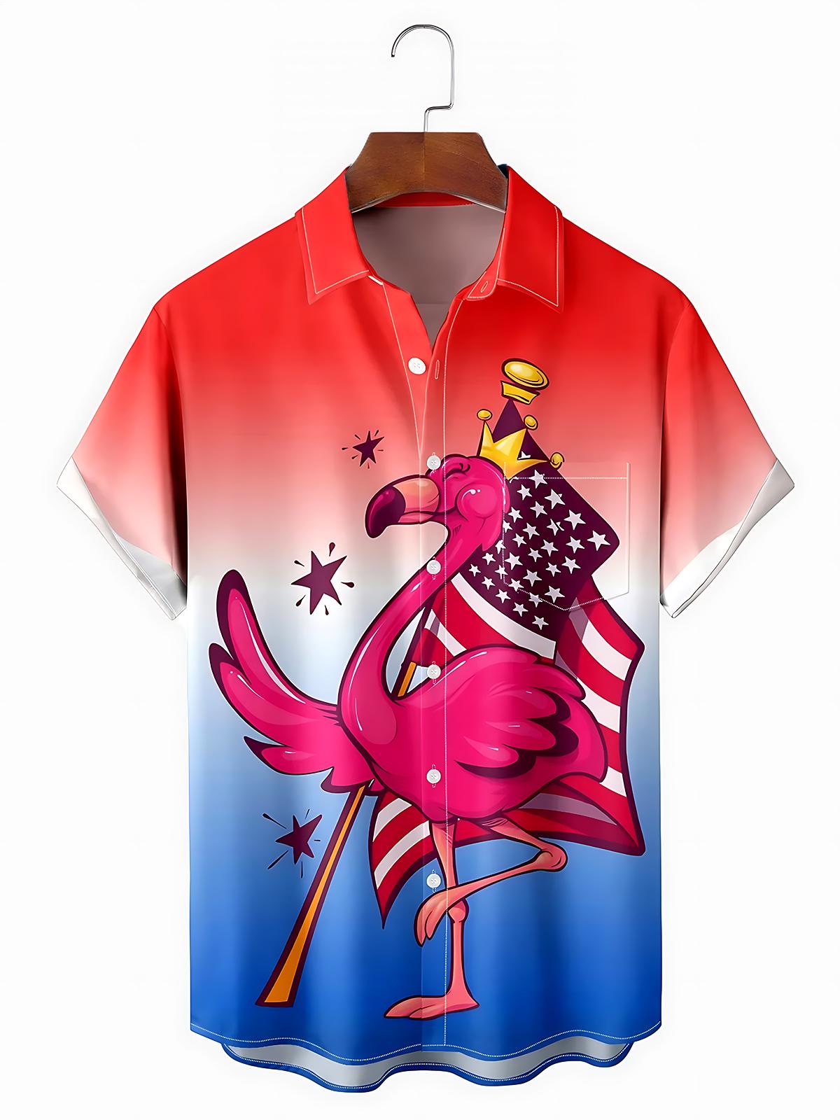 Independence Flamingo American Flag Men's Pocket Short Sleeve Shirts