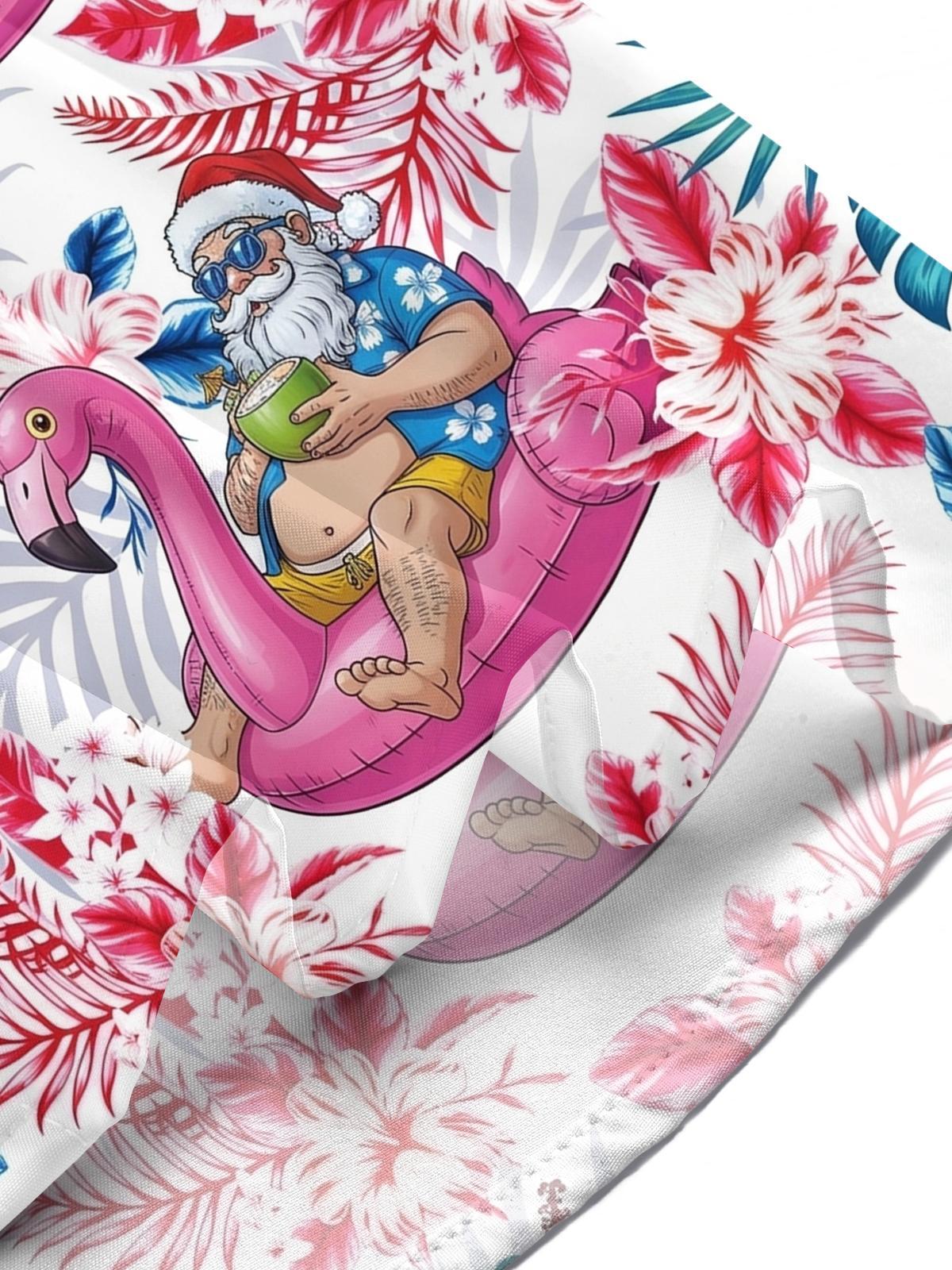 Hawaiian Flamingo Santa Claus Print Men's Pocket Short Sleeve Shirts