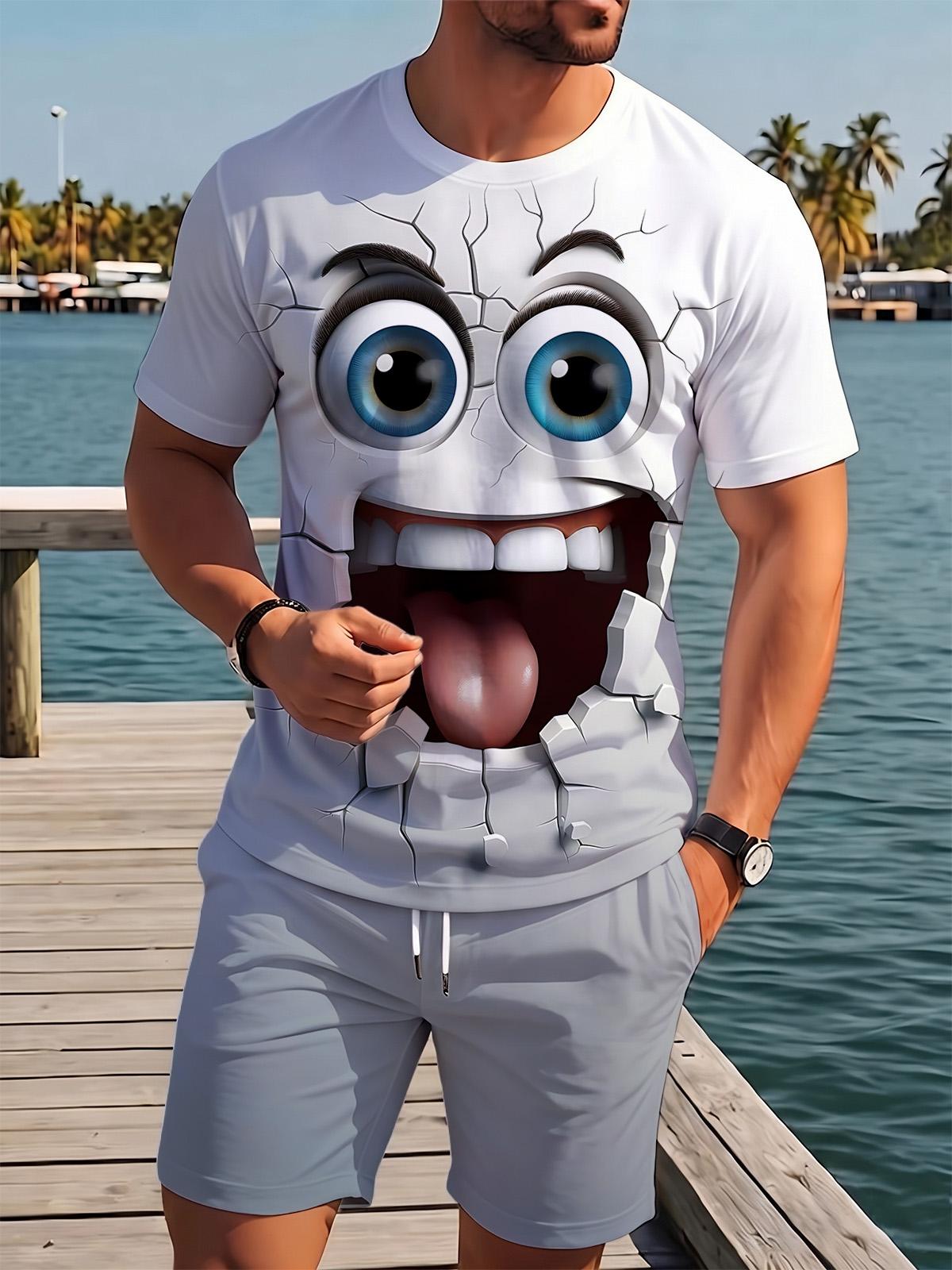 Funny Print Men's Short Sleeve Round Neck T-shirt And Shorts Set