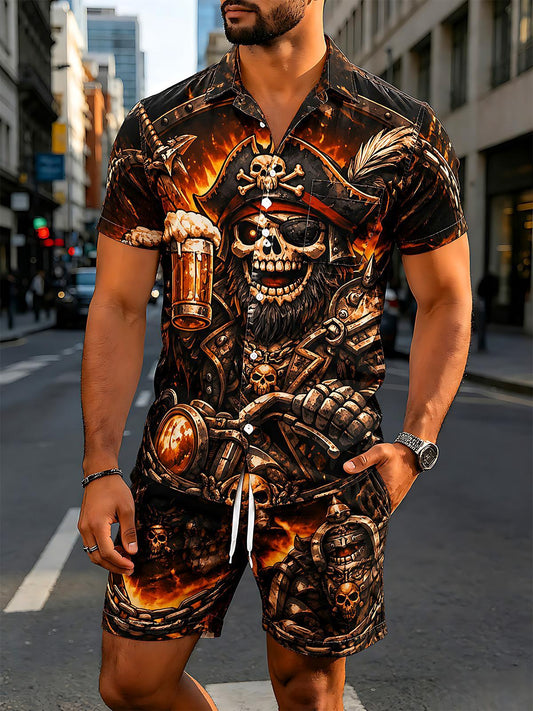 Dark Flame Pirate Skull Men's Short Sleeve Pocket Shirts And Shorts Set