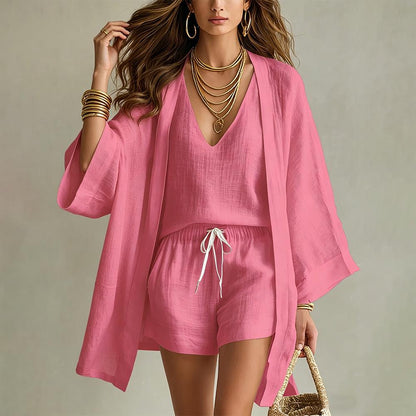 Womens 3 Piece Lounge Sets Breathable Loose Cardigan Sleeveless Tank Top Drawstring Shorts Sets for Travel elegant