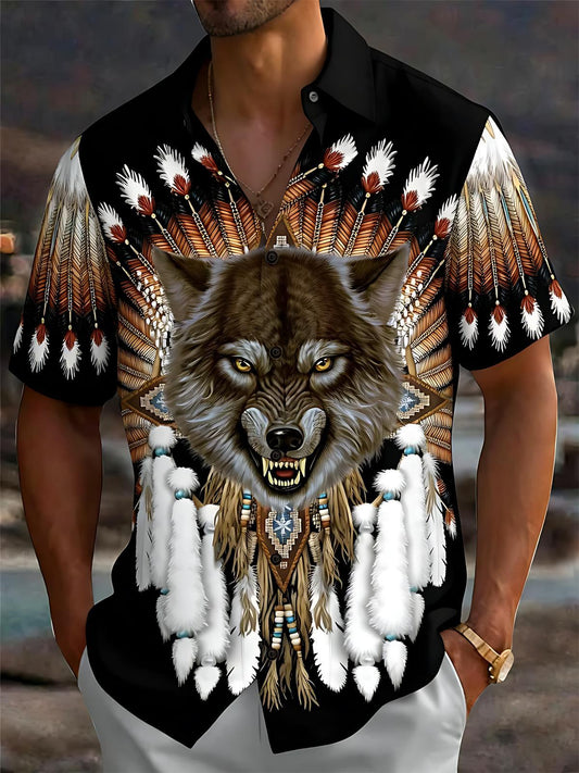 Wolf Print Men's Pocket Short Sleeve Shirts