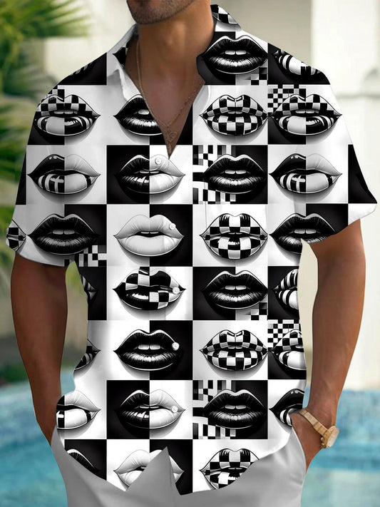 Black White Lips Print Men's Pocket Short Sleeve Shirts