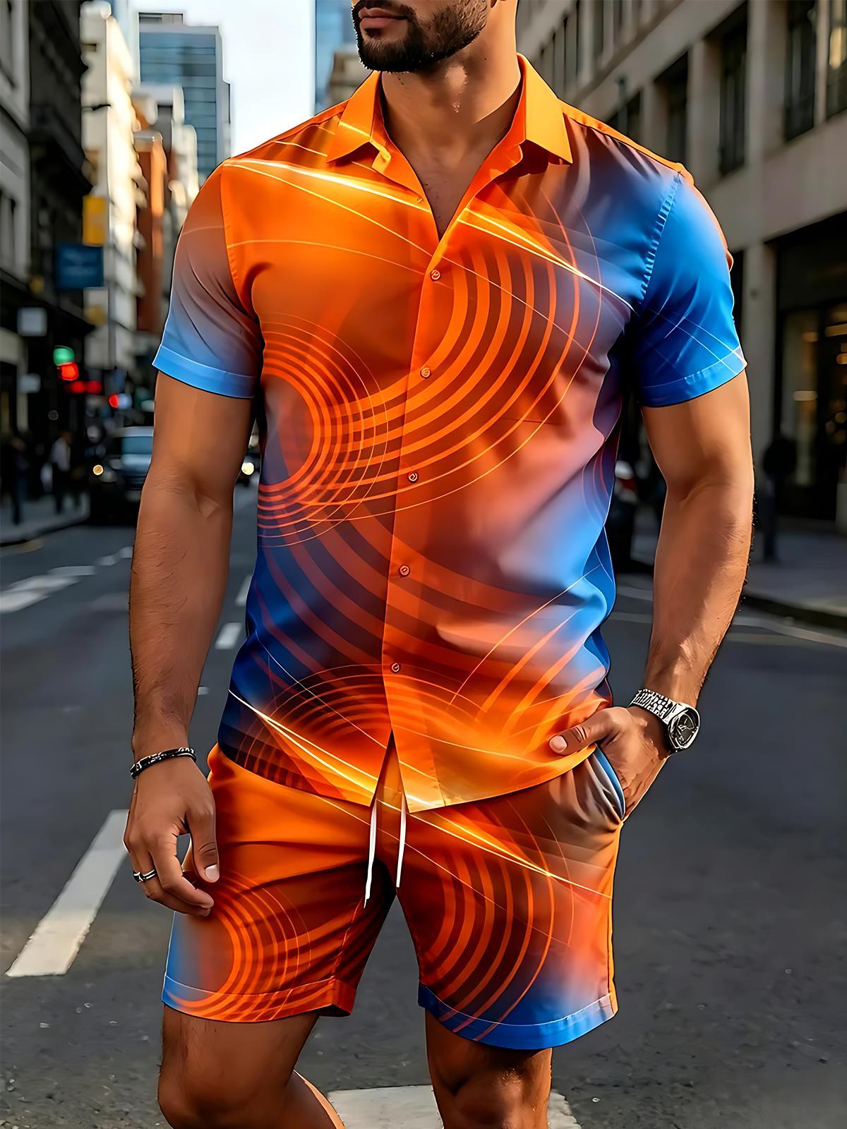 Abstract Men's Short Sleeve Pocket Shirts And Shorts Set