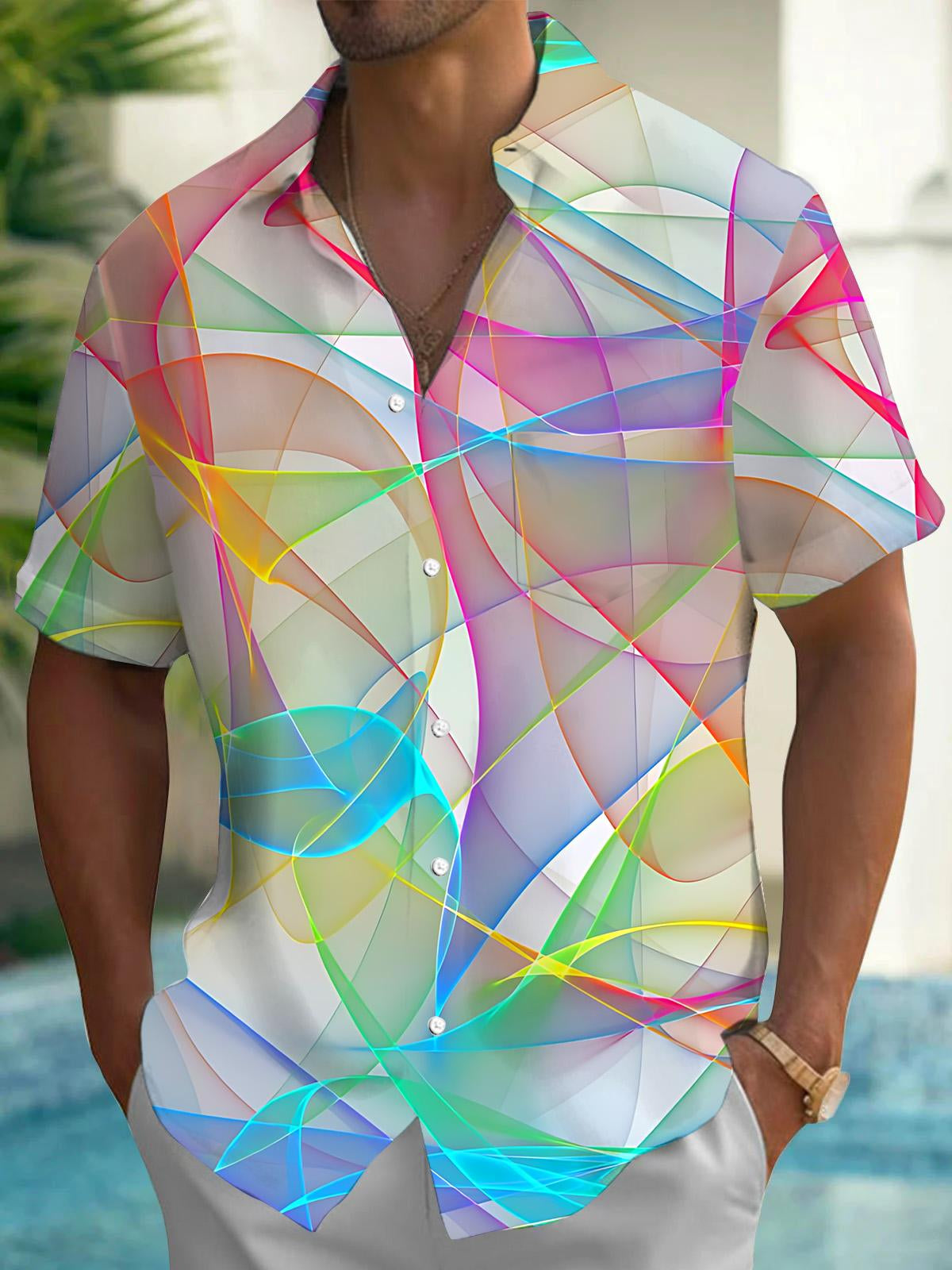 Abstract Colorful Line Print Men's Pocket Short Sleeve Shirts