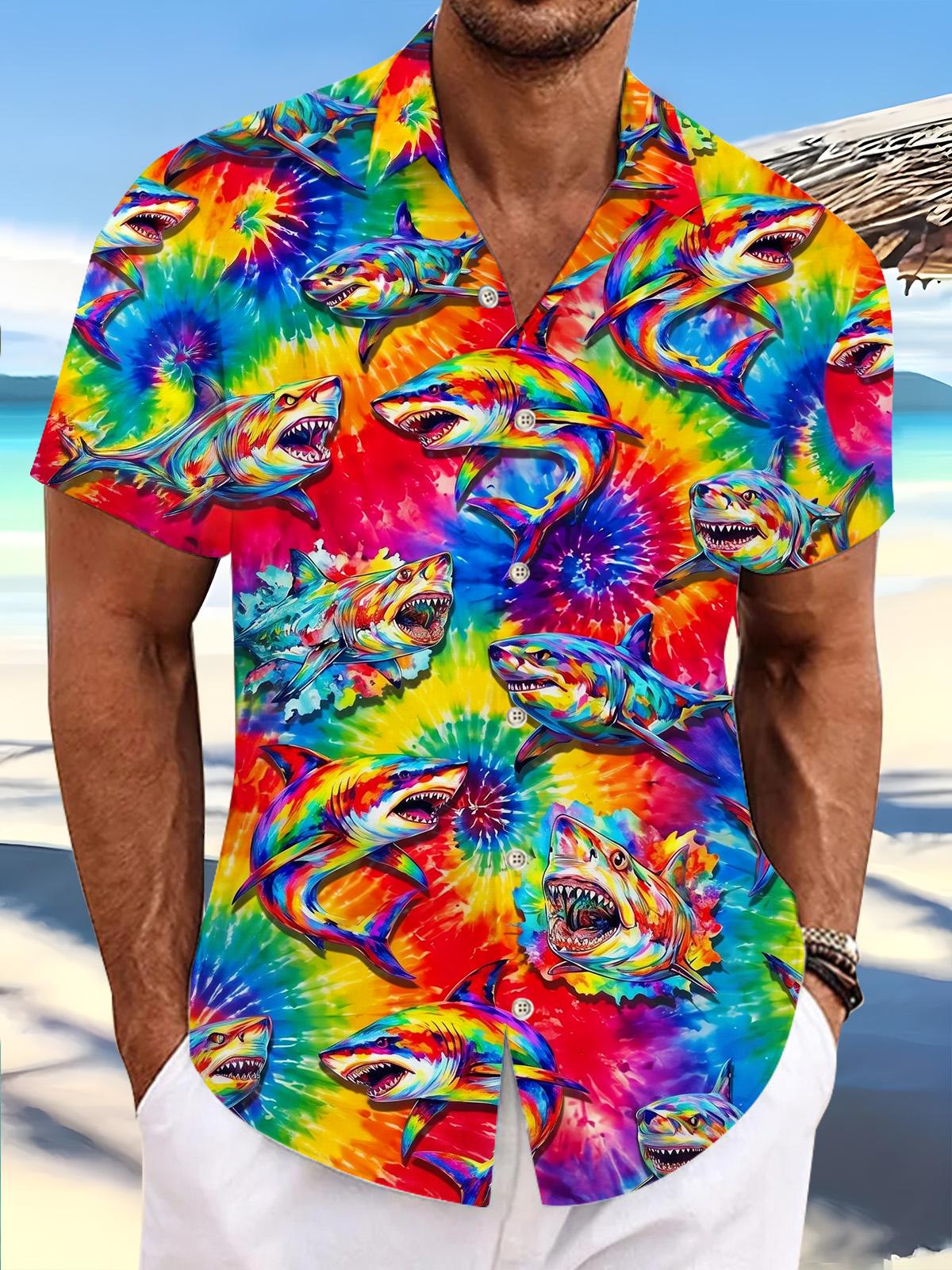 Colorful Shark Print Men's Pocket Short Sleeve Shirts