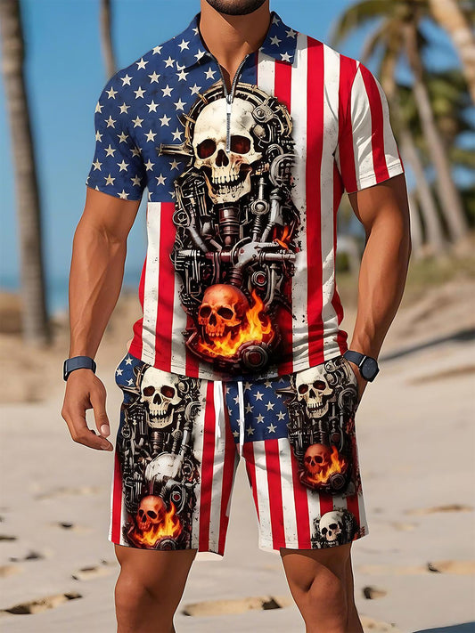 Independence Day American Dark Mechanical Skull Flame Element American Flag Men's Short Sleeve Zipper Polo Sets