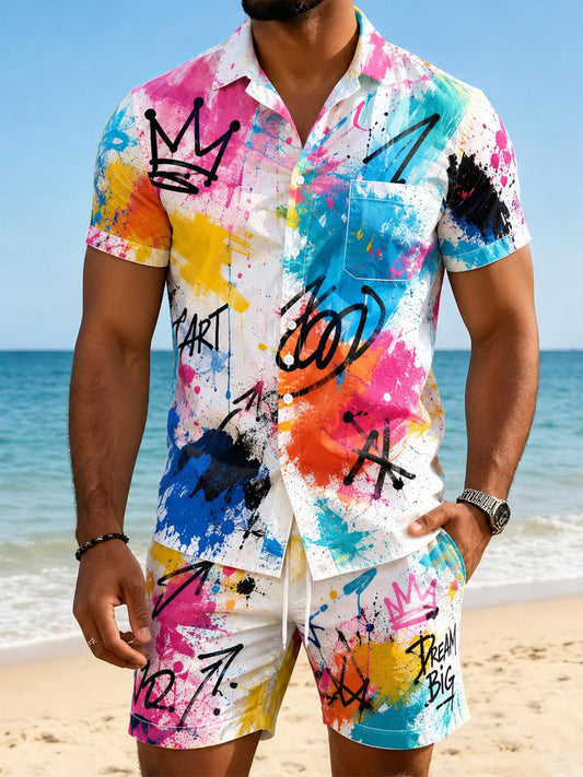 Colorful Tie Dye Graffiti Crown Men's Short Sleeve Pocket Shirts And Shorts Set