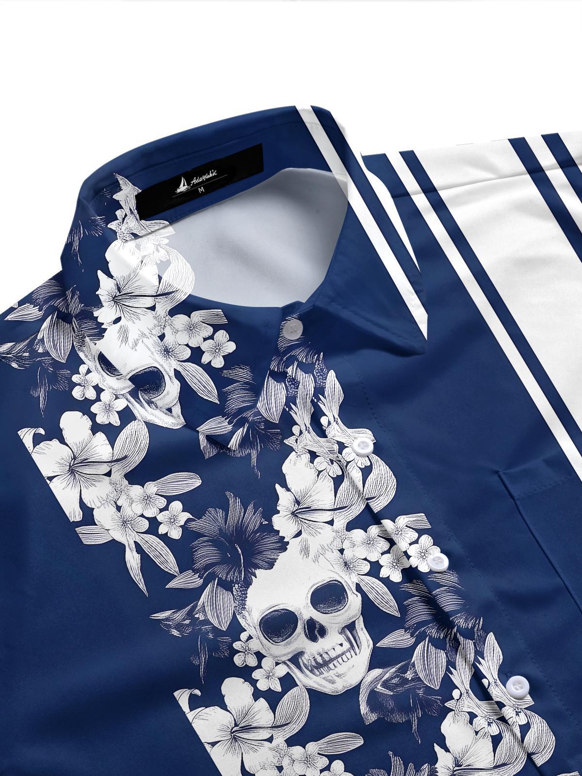Skull Floral & Navy Stripe Patchwork Men's Pocket Short Sleeve Shirts