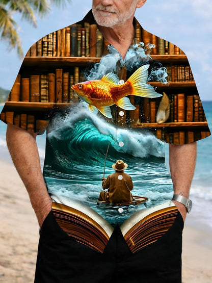 Fun Fishing Bookshelf Goldfish Wave Fisherman Men's Pocket Short Sleeve Shirts