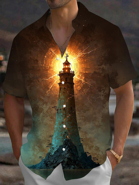 Retro Lighthouse Men's Pocket Short Sleeve Shirts