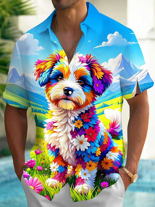 Colorful Floral Puppy In Nature Men's Pocket Short Sleeve Shirts