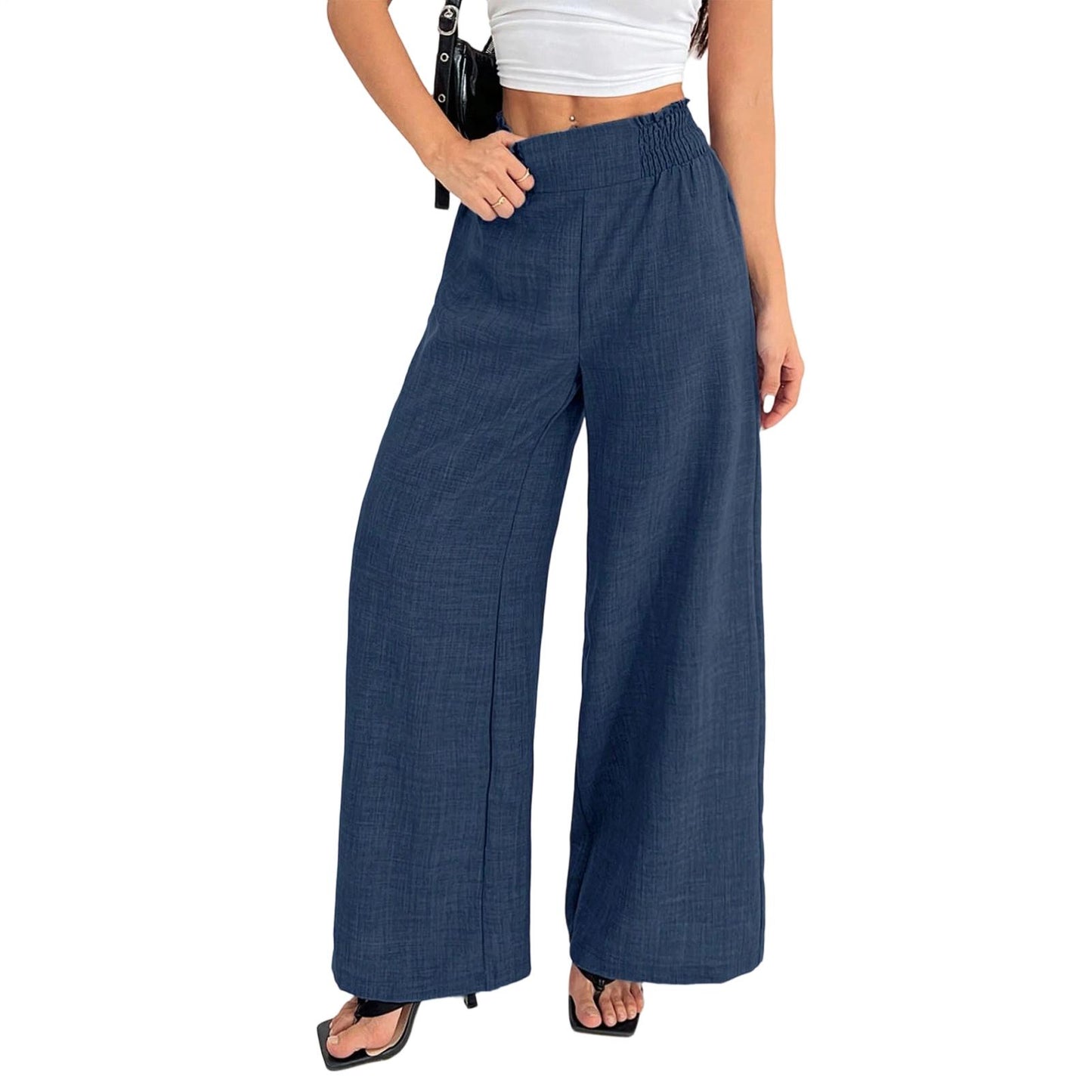 Womens Wide Leg Pants Elastic Waist Summer Lounge Pants Flowy Straight Leg Trousers for Travel Dating Leisure dependable
