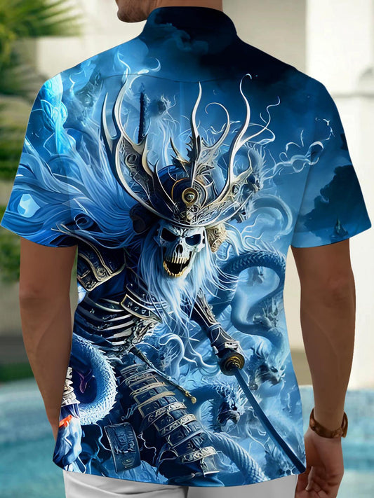 Dark Blue Skeleton Skull Samurai And Dragon Men's Pocket Short Sleeve Shirts