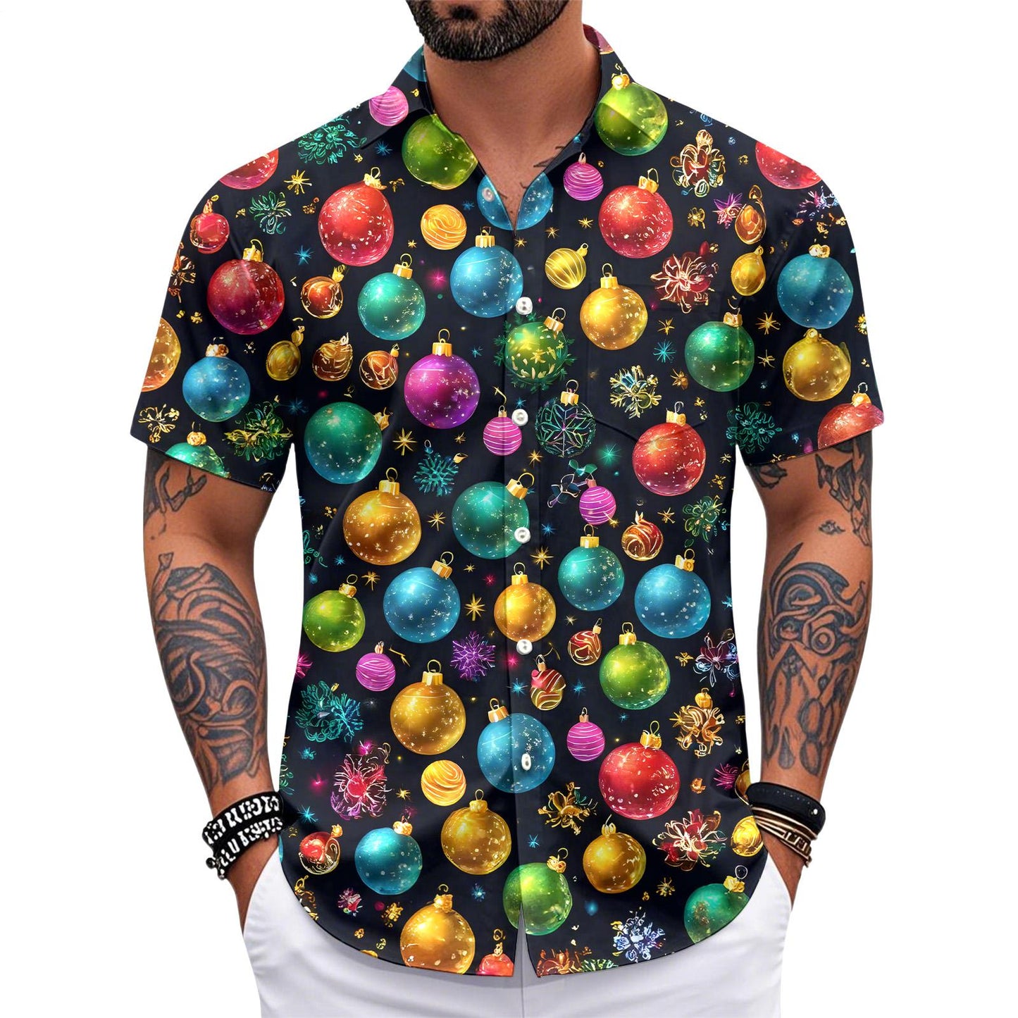 Christmas Hawaiian Shirts for Men Christmas Ball Funny Fashion Holiday Shirt Loose Fit Casual Clothes for Daily Wear well-liked