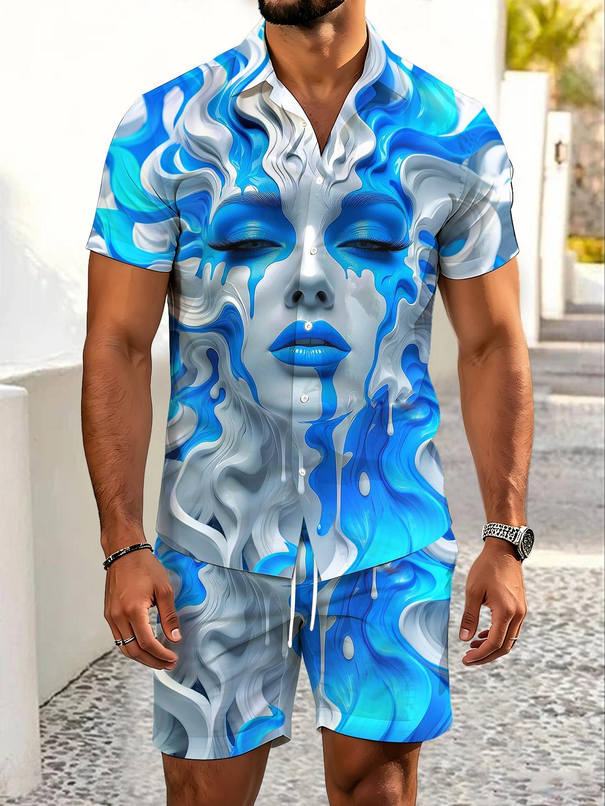 Abstract Face Print Men's Short Sleeve Pocket Shirts And Shorts Set