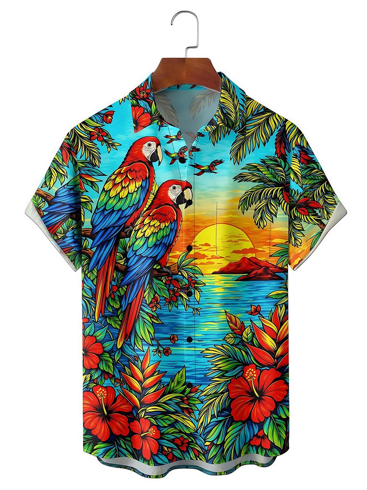 Hawaiian Sunset Parrot Men's Pocket Short Sleeve Shirts