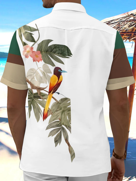 Hawaiian Tropical Parrot Bird Floral Leaves Patchwork Men's Pocket Short Sleeve Shirts