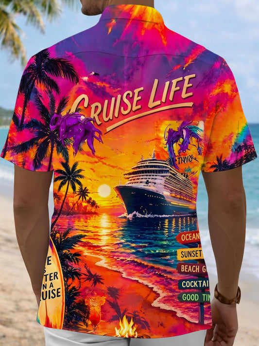 Hawaiian Tropic Cruise Life Adventure Golden Sunset Voyage Tropical Beach Elements Men's Pocket Short Sleeve Shirts