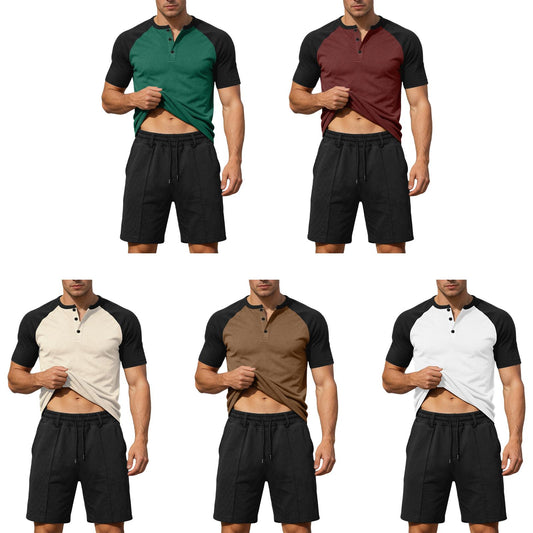 Mens Summer Track Suits 2 Piece Color Block Textured Raglan Short Sleeve T Shirts and Shorts Sets for Travel adaptable