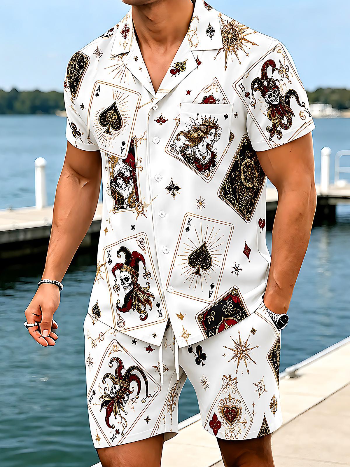 Retro Skull Poker Men's Short Sleeve Cuban Collar Pocket Shirts And Shorts Set