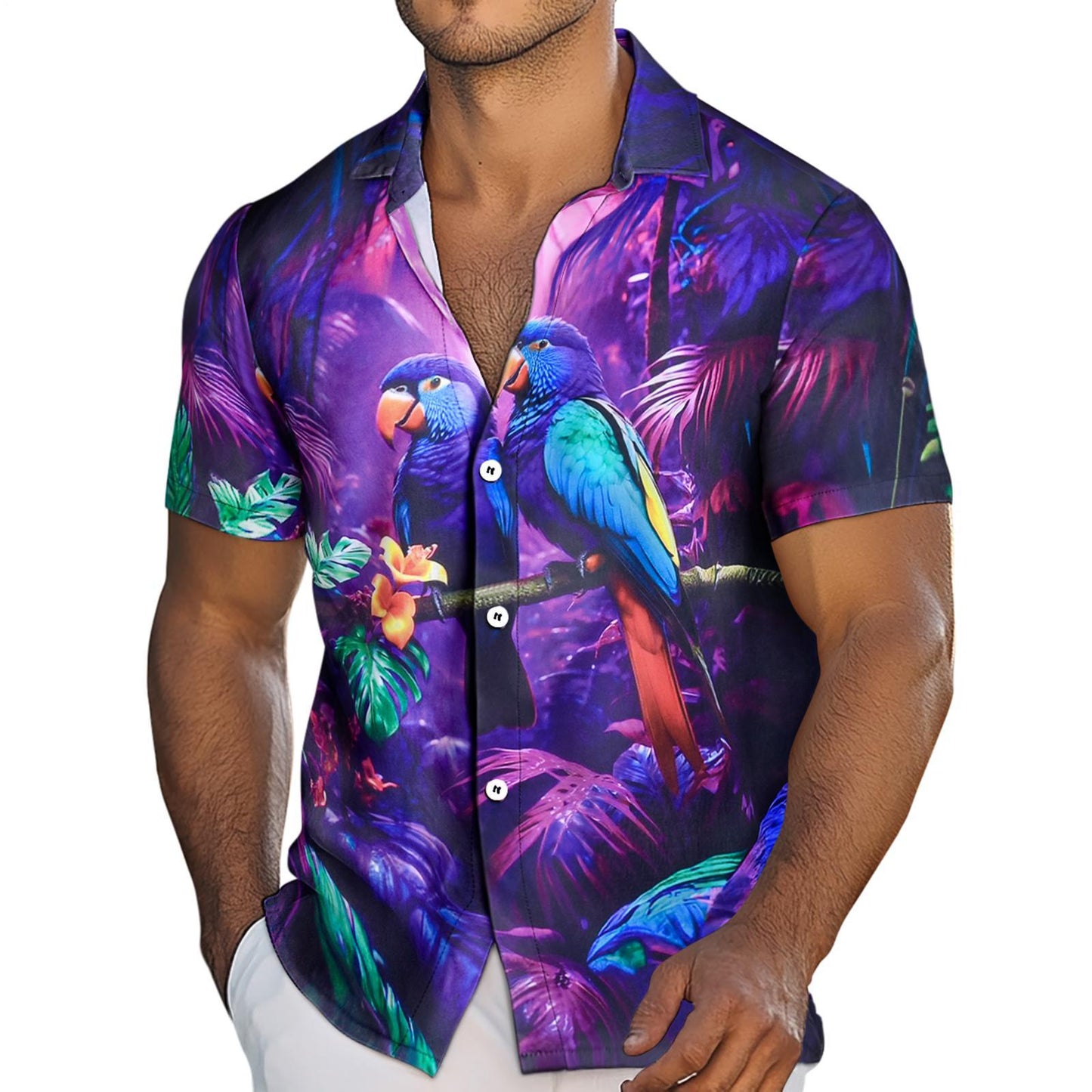 Men Beach Shirts Parrot Hawaiian Button Up Summer Casual Shirts Loose Fit Vacation Tops for Vacation Dating Travel intensely