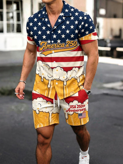 America 250th Anniversary Beer Foam American Flag Independence Day Men's Pocket Short Sleeve Shirts