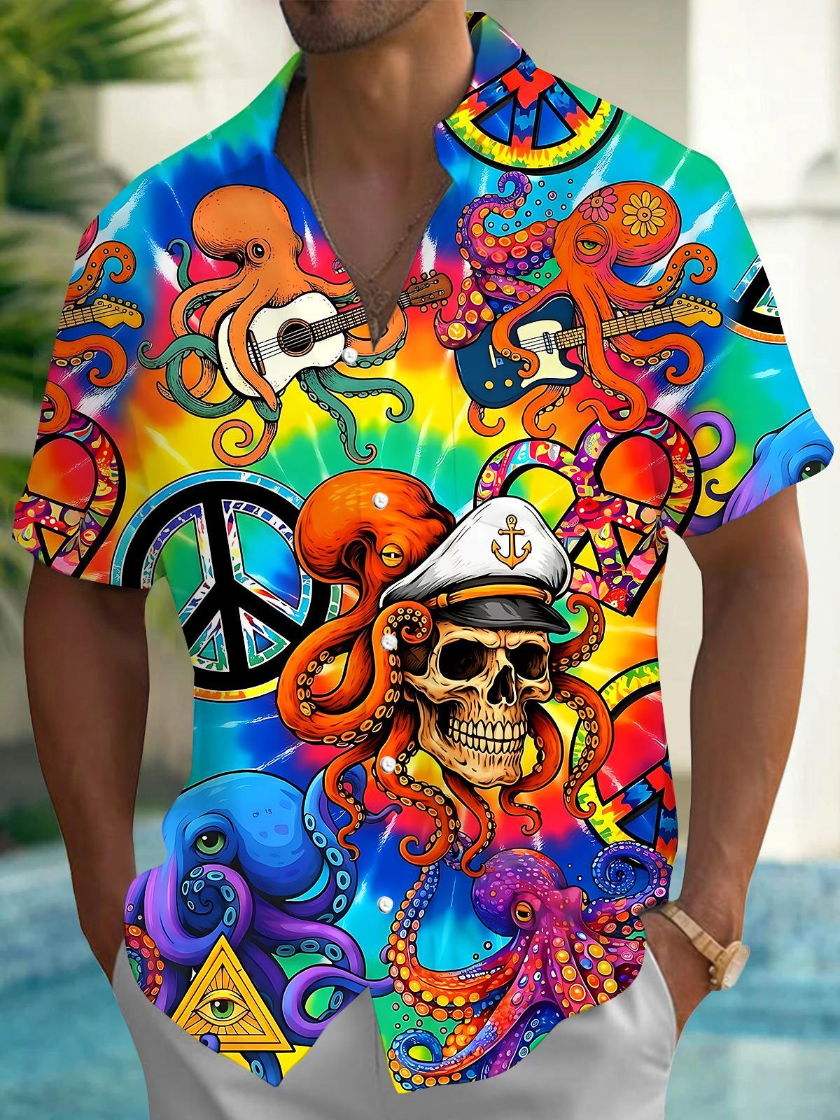 Hawaiian Octopus Guitar Skull Hippie Tie Dye Men's Pocket Short Sleeve Shirts
