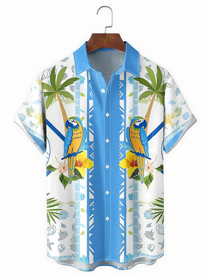 Hawaiian Coconut Tree Parrot Men's Pocket Short Sleeve Shirts