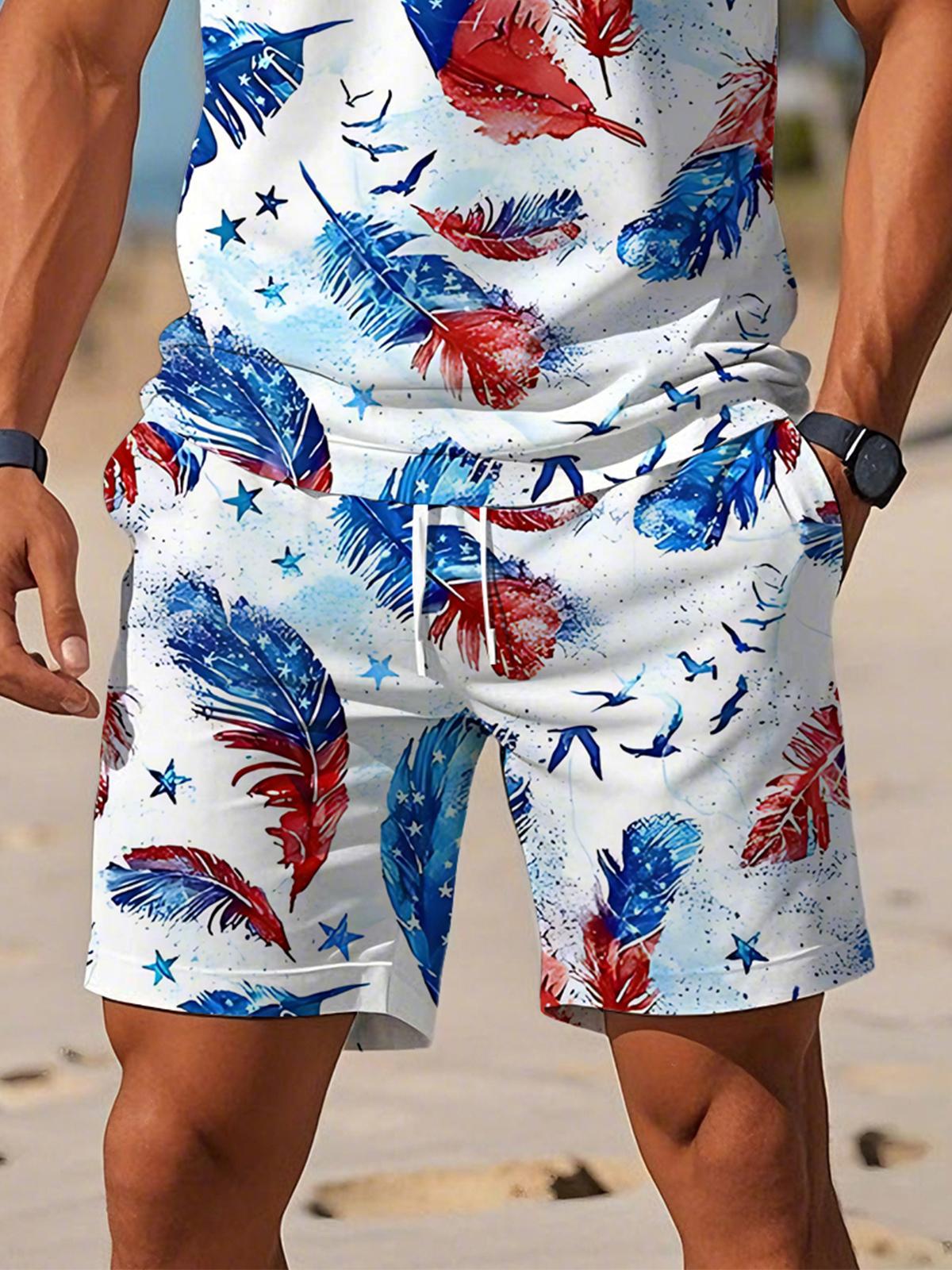 Independence Day American Flag Feather Print Men's Print Pocket Shorts